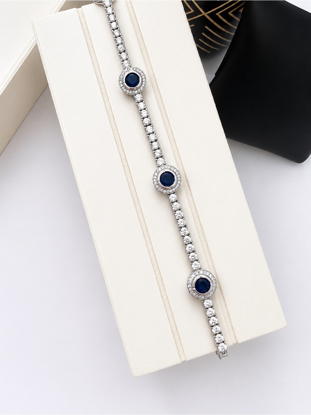 925 Sterling Silver Blue Sapphire wnd Cubic Zirconia Tennis Bracelet Size 7” - Picture 15 of 16